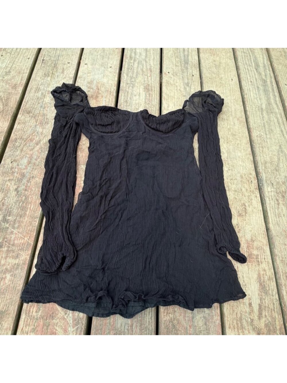 White Fox Black Long Sleeve Mini Dress With Sheer Puff Sleeves - Size M